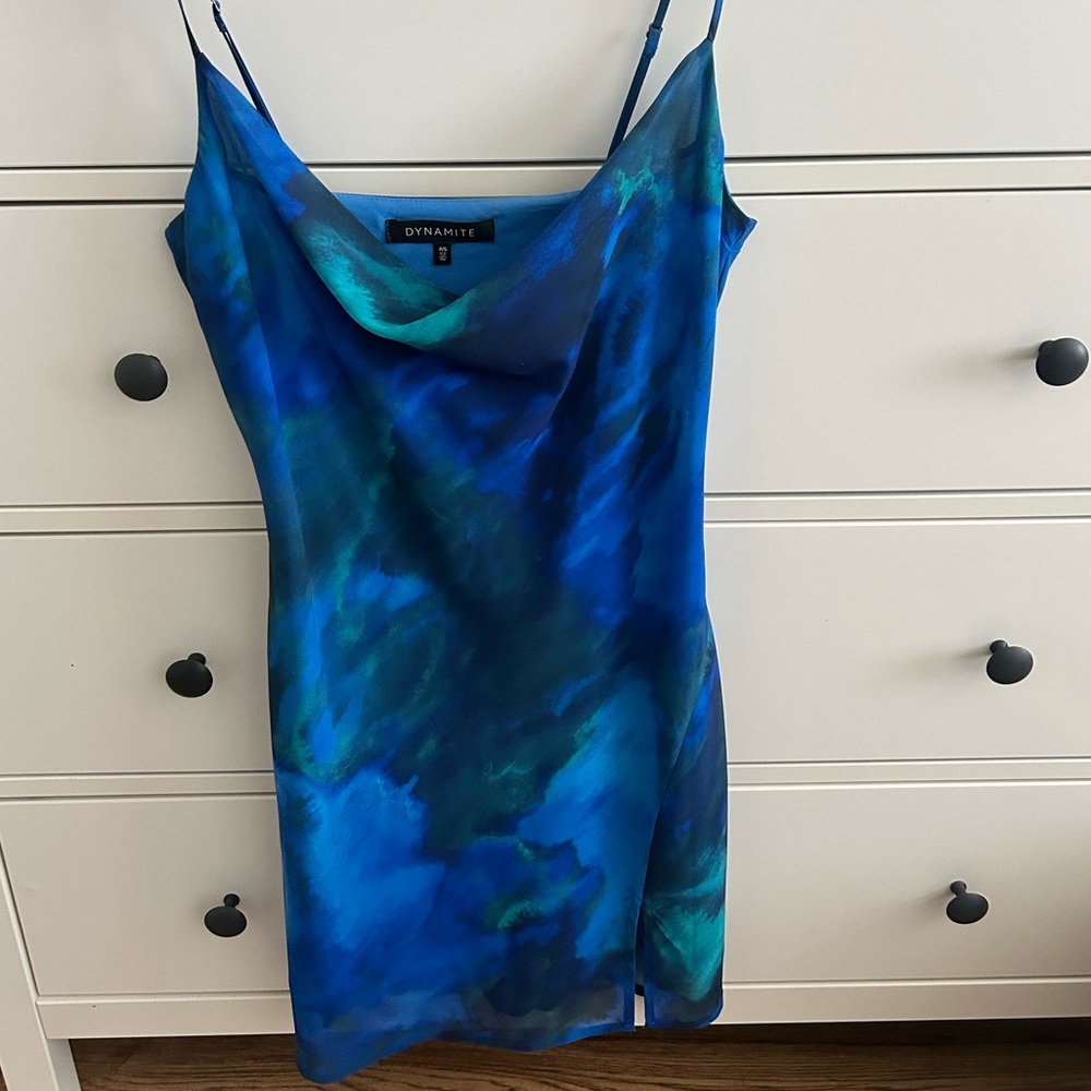 Dynamite Blue Teal Watercolor Satin Slip Dress
